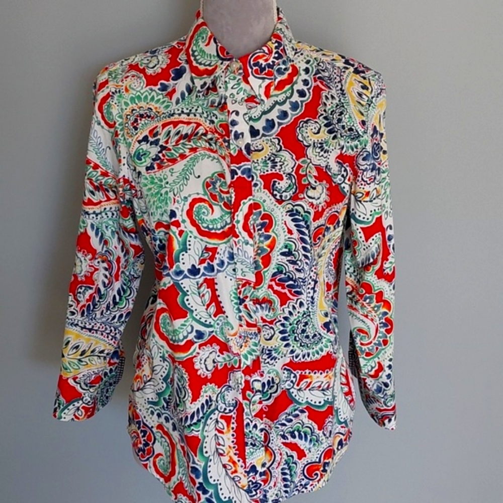 Chaps bright no-iron cotton paisley blouse, 3/4 sleeves, size L